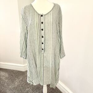 Flax Linen Dress Womens Size Medium Sage Green Button Front Striped Pockets